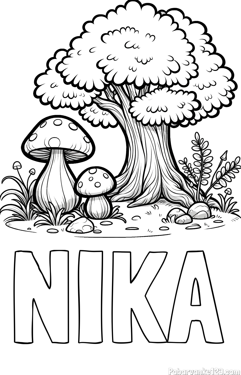 Pobarvanka imena NIKA in pobarvanka velike gobe ob drevesu