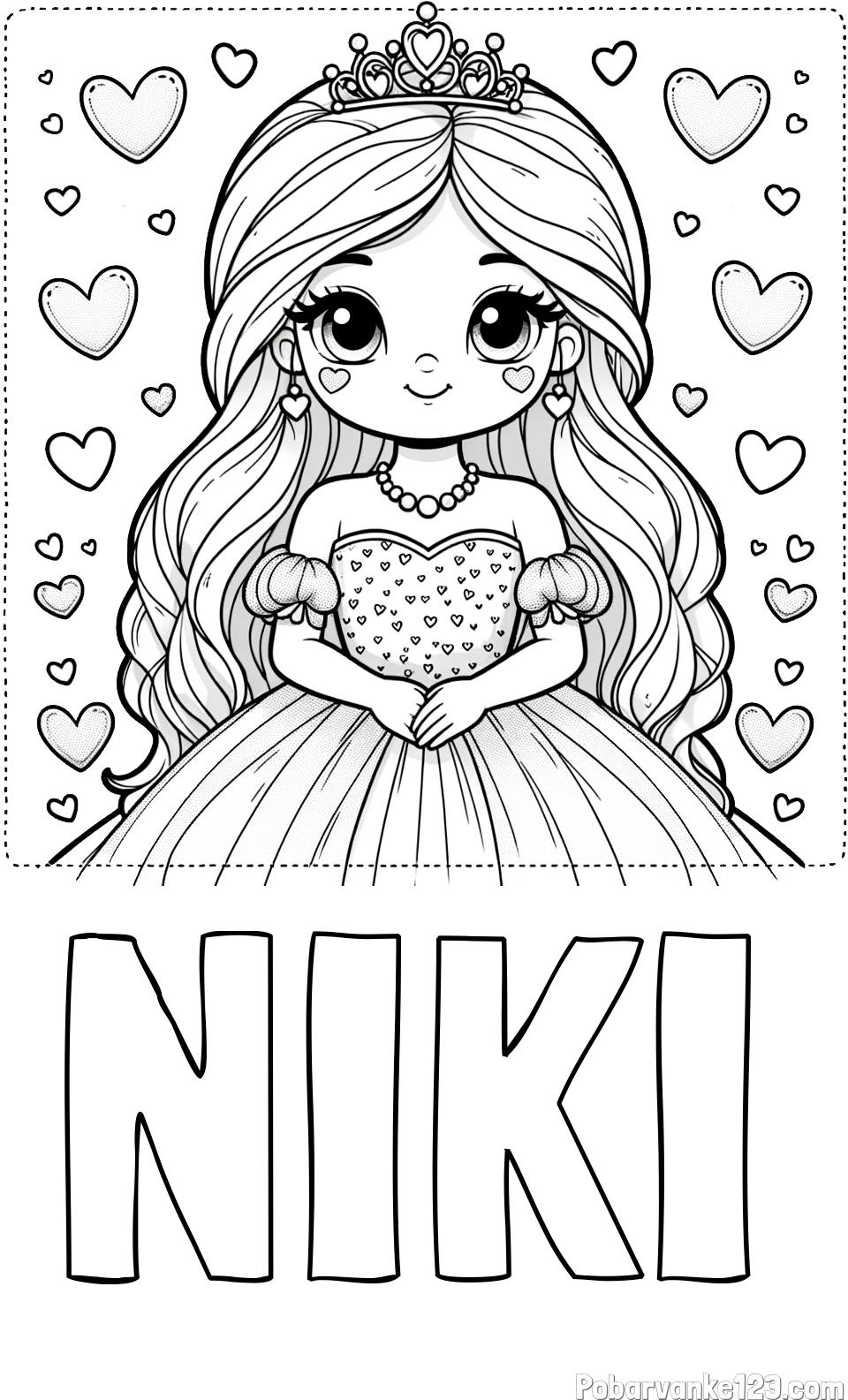 Pobarvanka imena NIKI in pobarvanka ljubke princese obdane s srčki