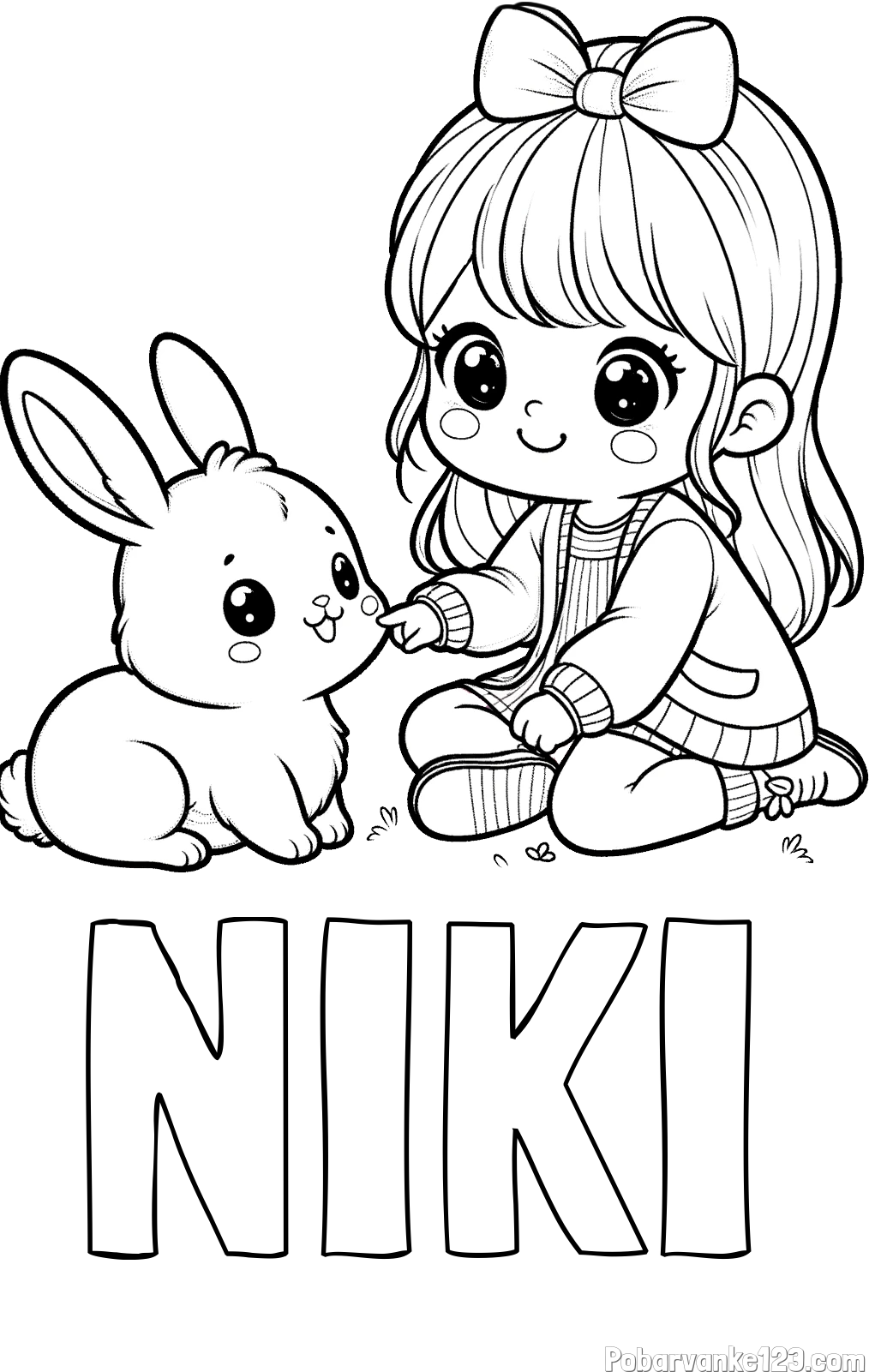 Pobarvanka imena NIKI in pobarvanka ljubke punčke, ki se igra z zajčkom
