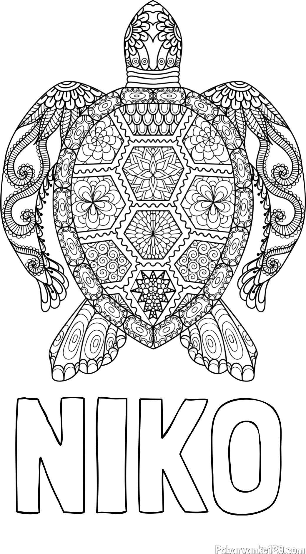 Pobarvanka imena NIKO in pobarvanka želve - mandale