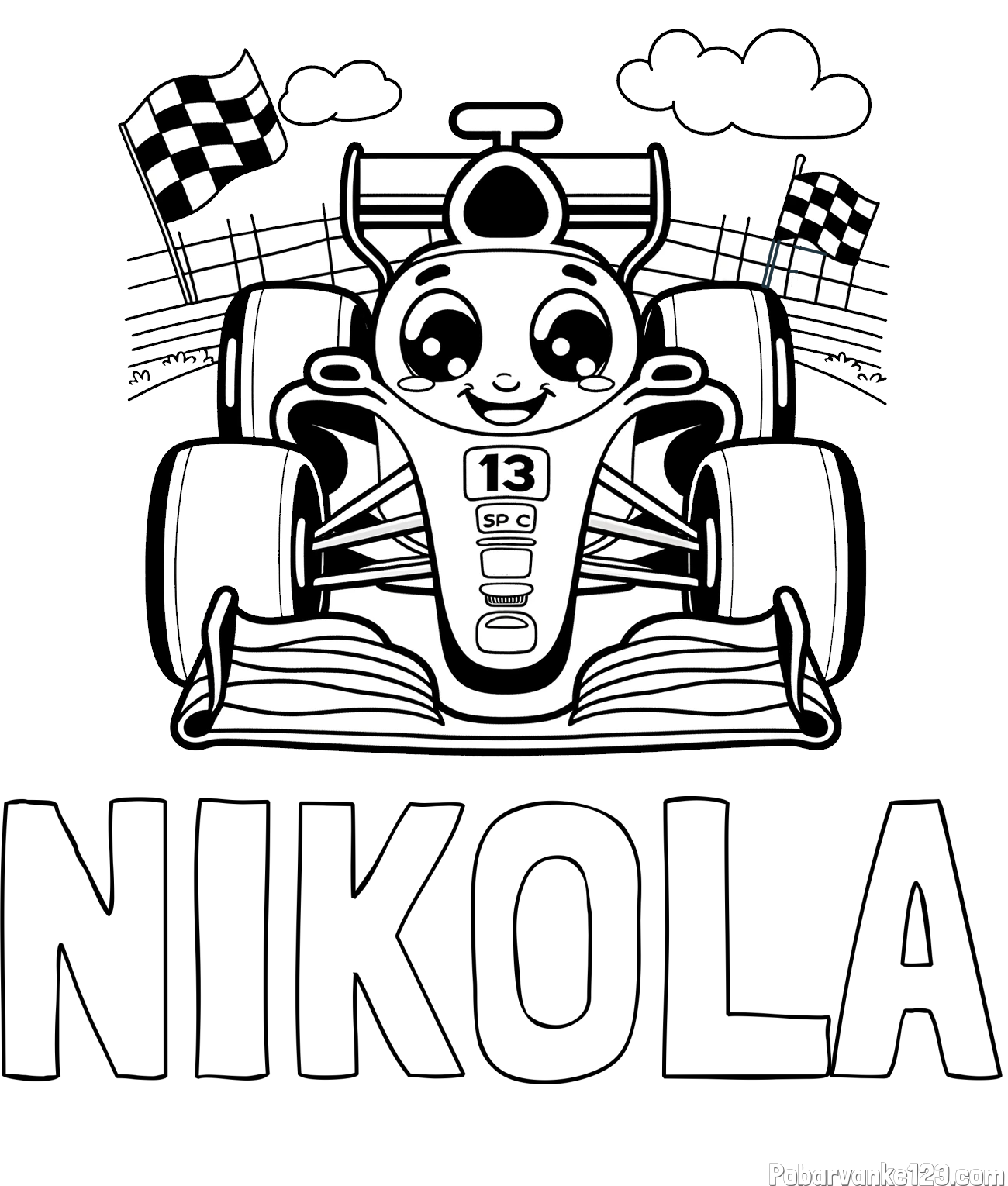Pobarvanka imena NIKOLA in otroška pobarvanka FORMULA 1