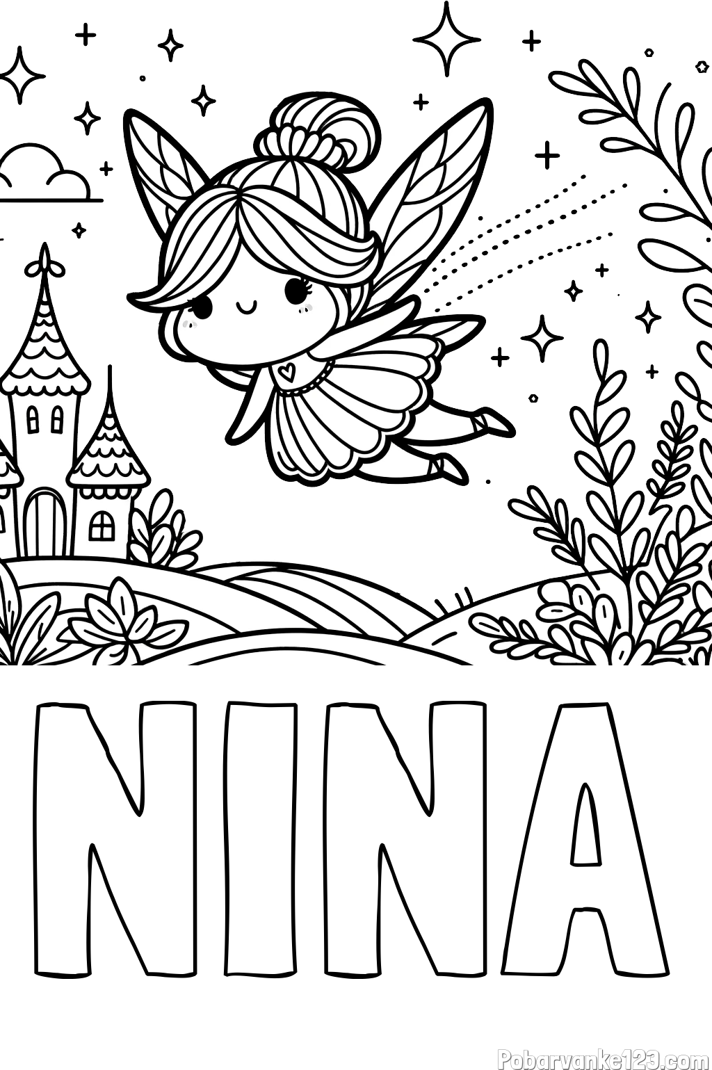 Pobarvanka imena NINA in pobarvanka čarobne vile, ki leti nad pravljično pokrajino