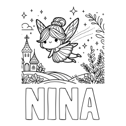 Online izdelana pobarvanka - Pobarvanka imena NINA in pobarvanka čarobne vile, ki leti nad pravljično pokrajino