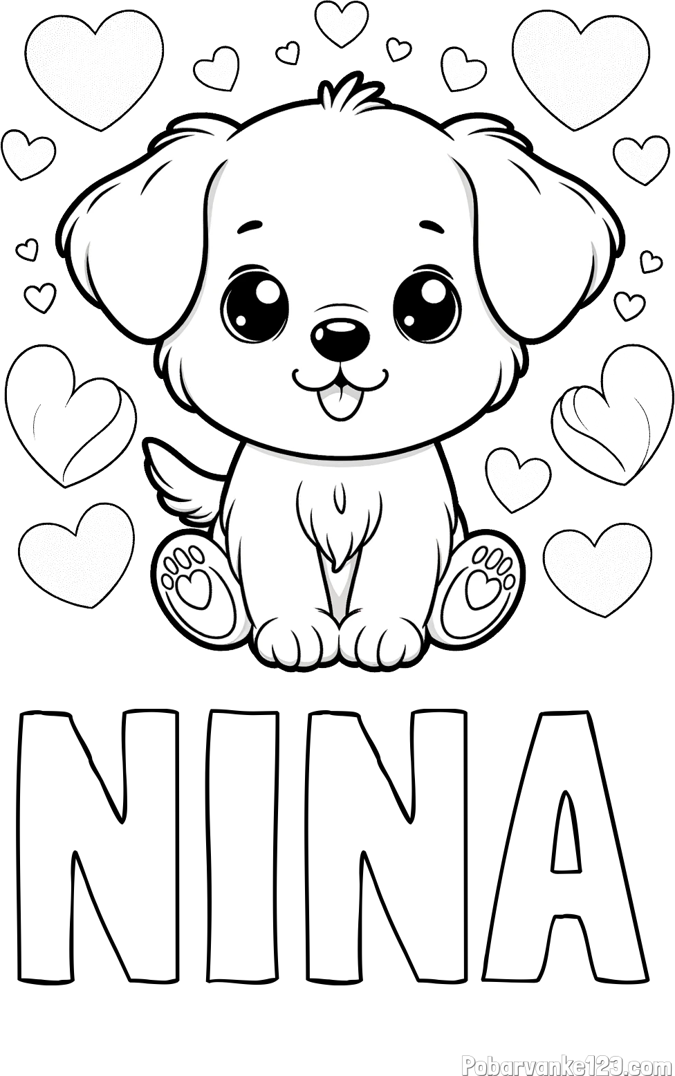 Pobarvanka imena NINA in pobarvanka ljubkega kužka obdanega s srčki
