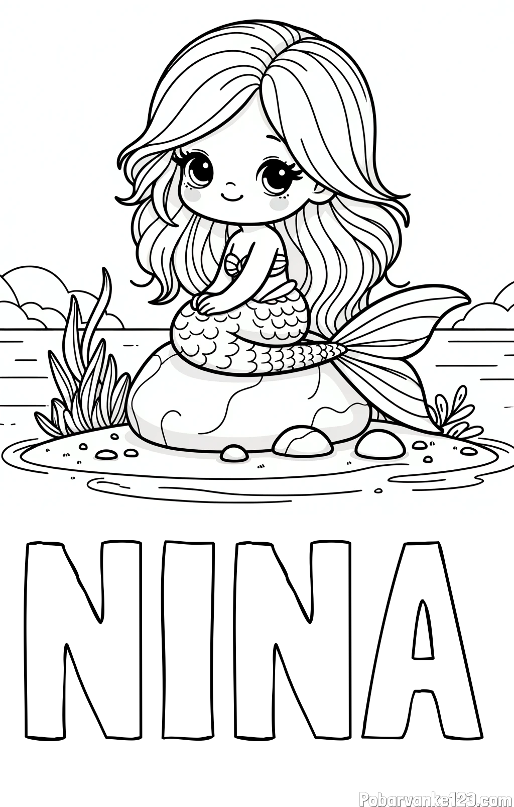 Pobarvanka imena NINA in pobarvanka prikupne morske deklice, ki sedi na kamnu ob obali