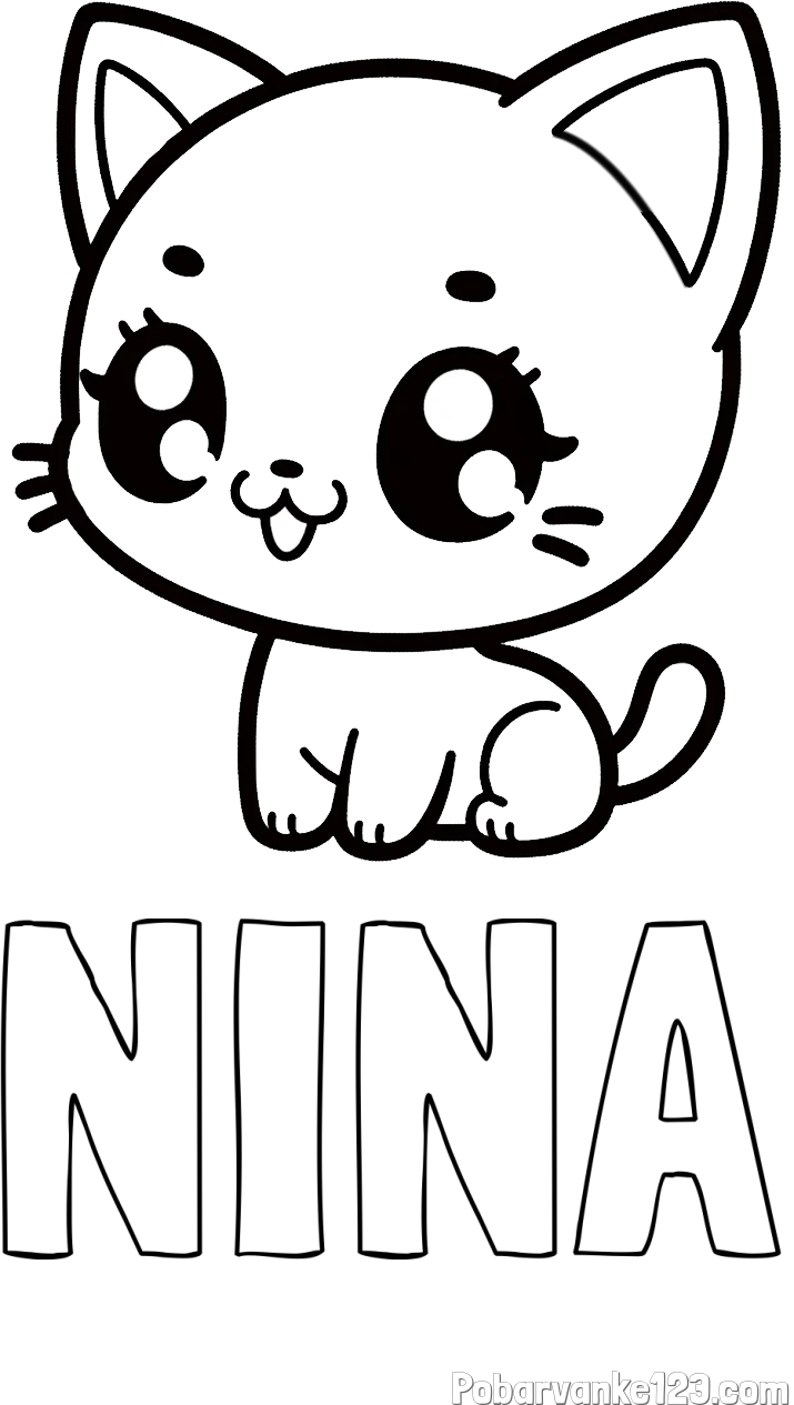 Pobarvanka imena NINA in pobarvnaka ljubke muce v anime slogu