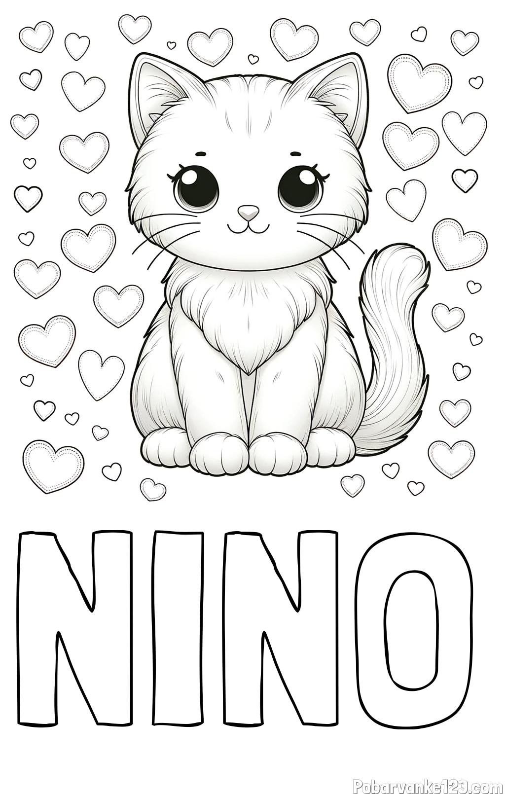 Pobarvanka imena NINO in pobarvanka ljubke mucke obdane s srčki