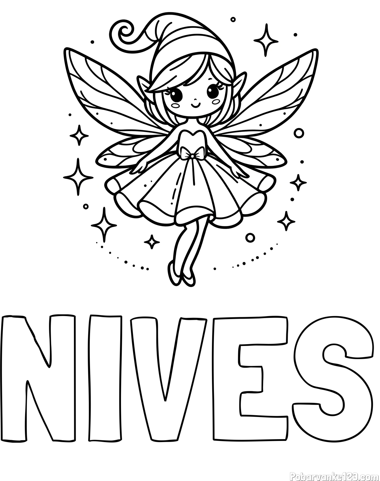 Pobarvanka imena NIVES in otroška pobarvanka čudovite vile