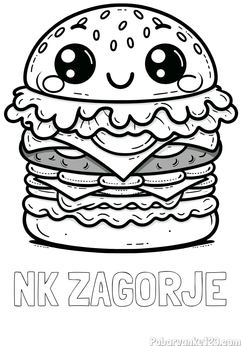 Pobarvanka imena NK ZAGORJE in otroška pobarvanka nasmejanega hamburgerja