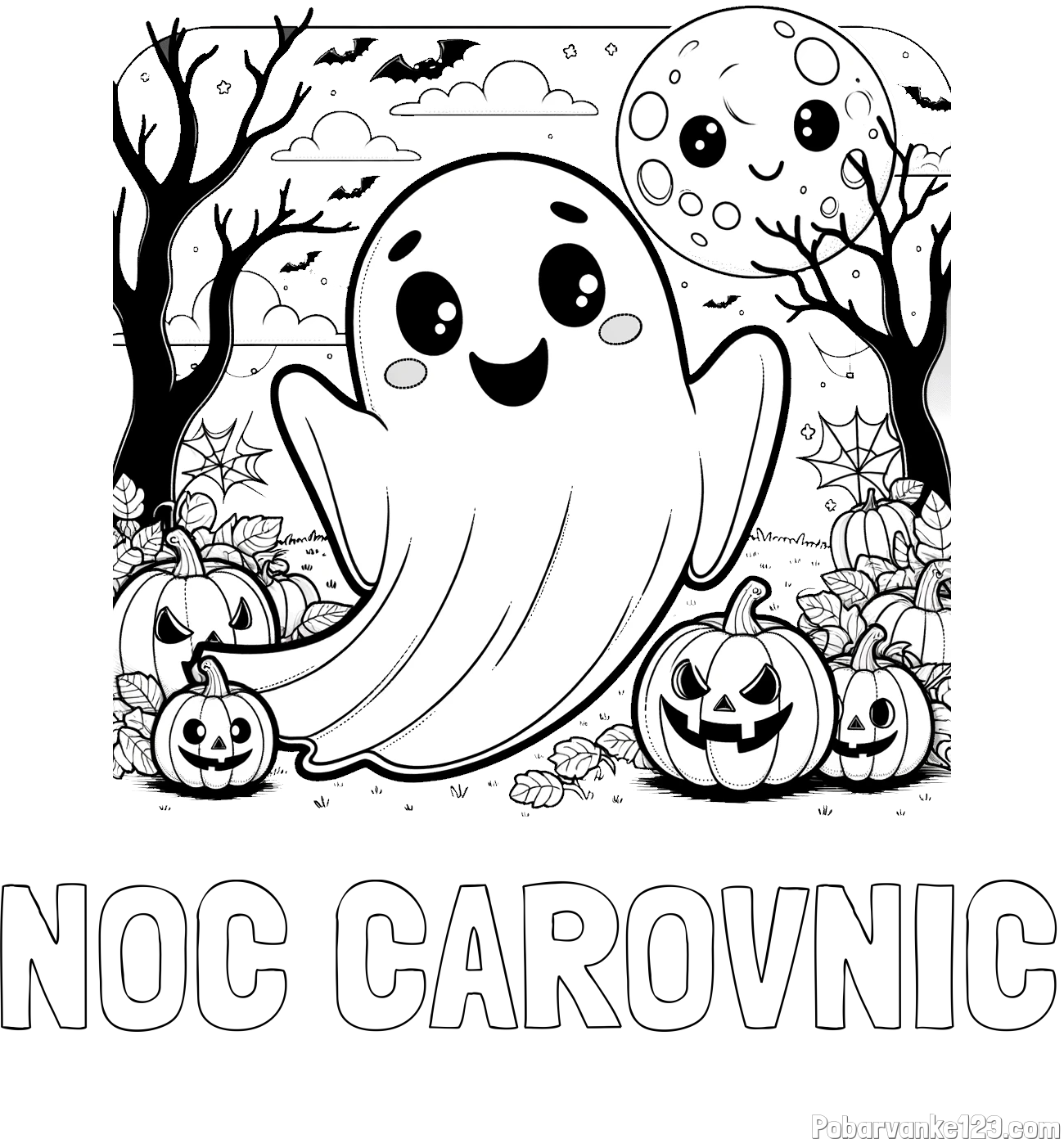 Pobarvanka imena NOČ ČAROVNIC in pobarvanka ljubkega duhca in buč za noč čarovnic