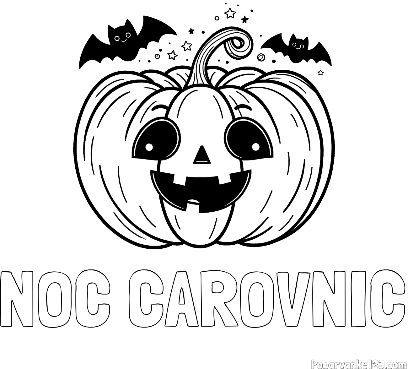 Pobarvanka imena NOČ ČAROVNIC in pobarvanka nasmejane buče ter dveh netopirjev za noč čarovnic
