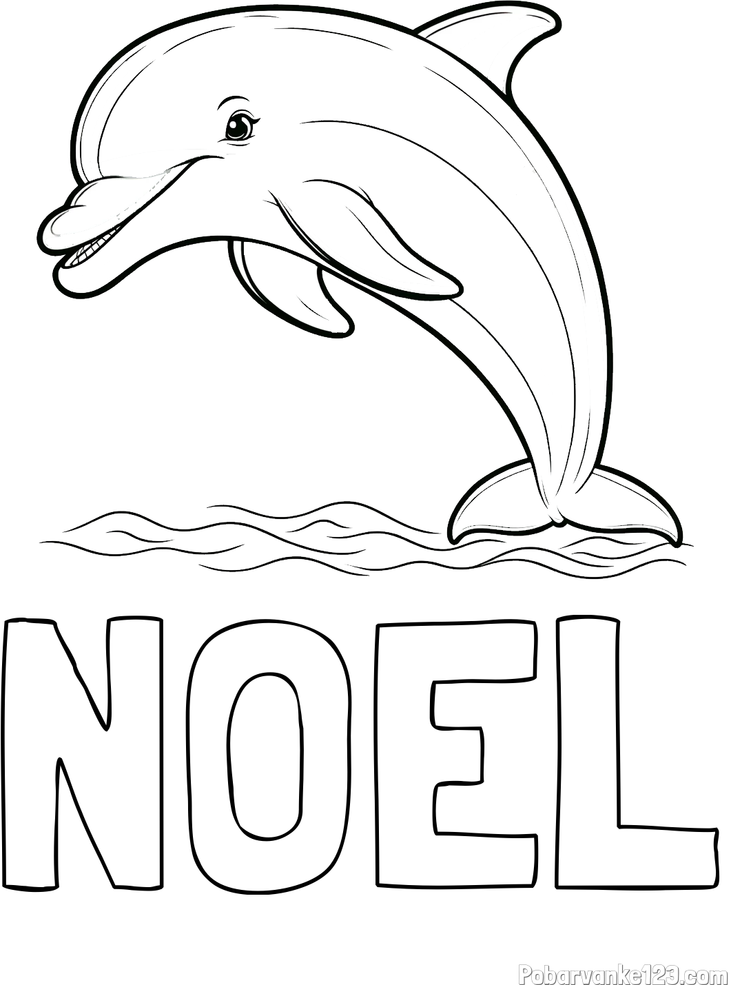 Pobarvanka imena NOEL in otroška pobarvanka nasmejanega delfina v skoku