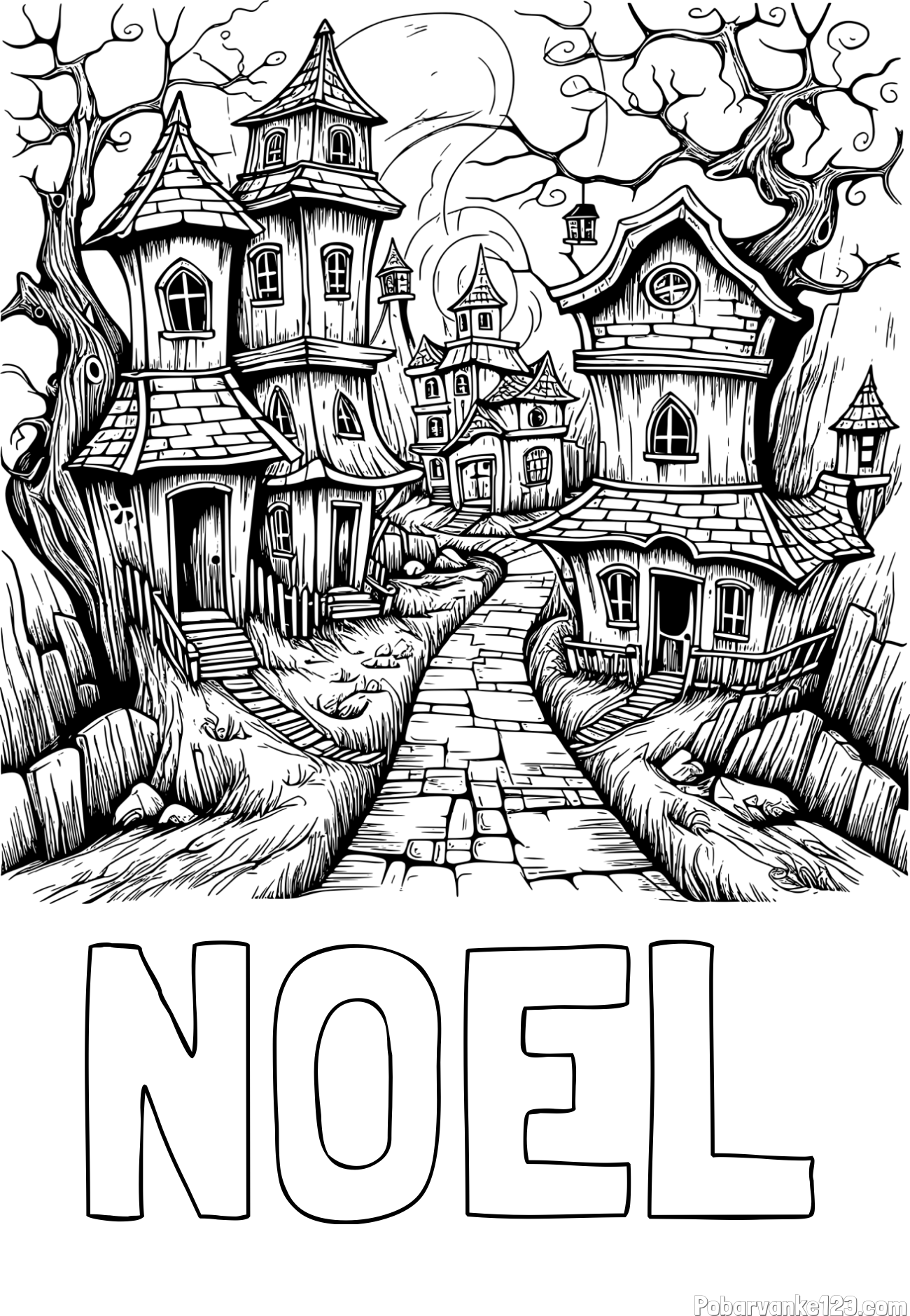 Pobarvanka imena NOEL in pobarvanka začaranih hišk