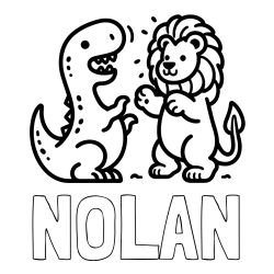 Pobarvanka imena NOLAN ter levčka in dinozavra