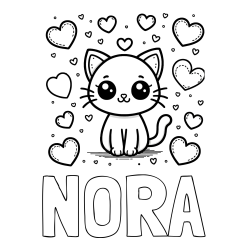 Online izdelana pobarvanka - Pobarvanka imena NORA in pobarvanka ljubke mucke obdane z veliko srčki