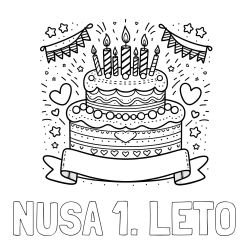 Online izdelana pobarvanka - Pobarvanka imena NUŠA 1. LETO in pobarvanka velike torte za rojstni dan