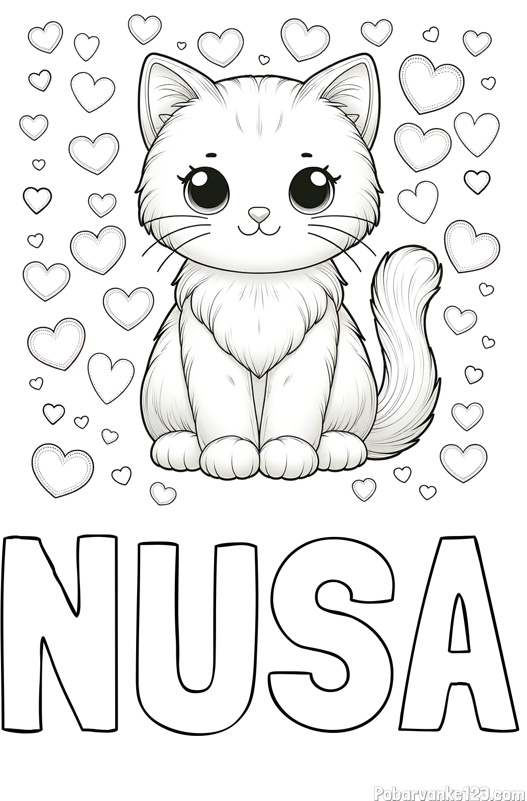 Pobarvanka imena NUŠA in pobarvanka ljubke mucke obdane s srčki