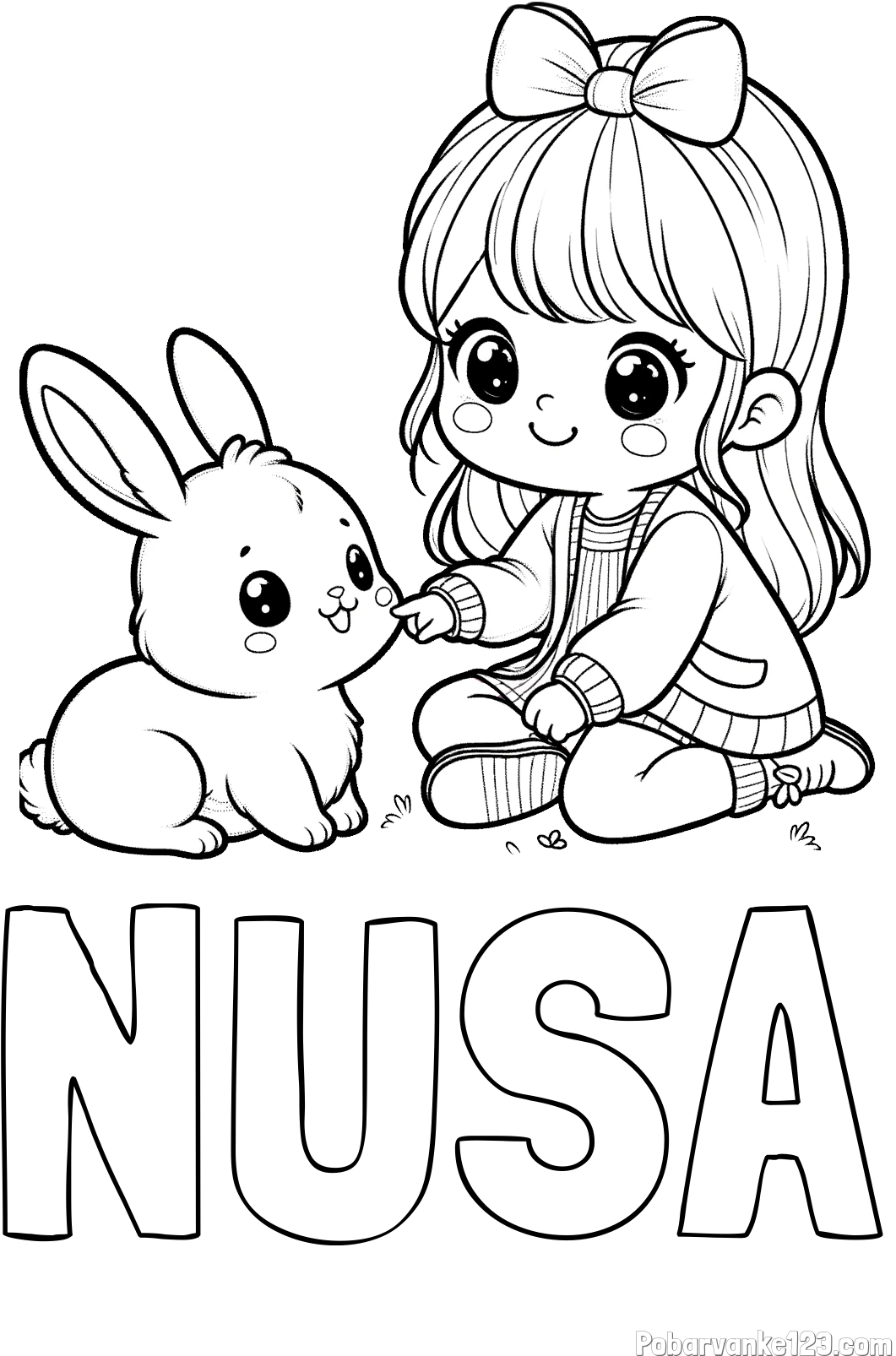 Pobarvanka imena NUŠA in pobarvanka ljubke punčke, ki se igra z zajčkom