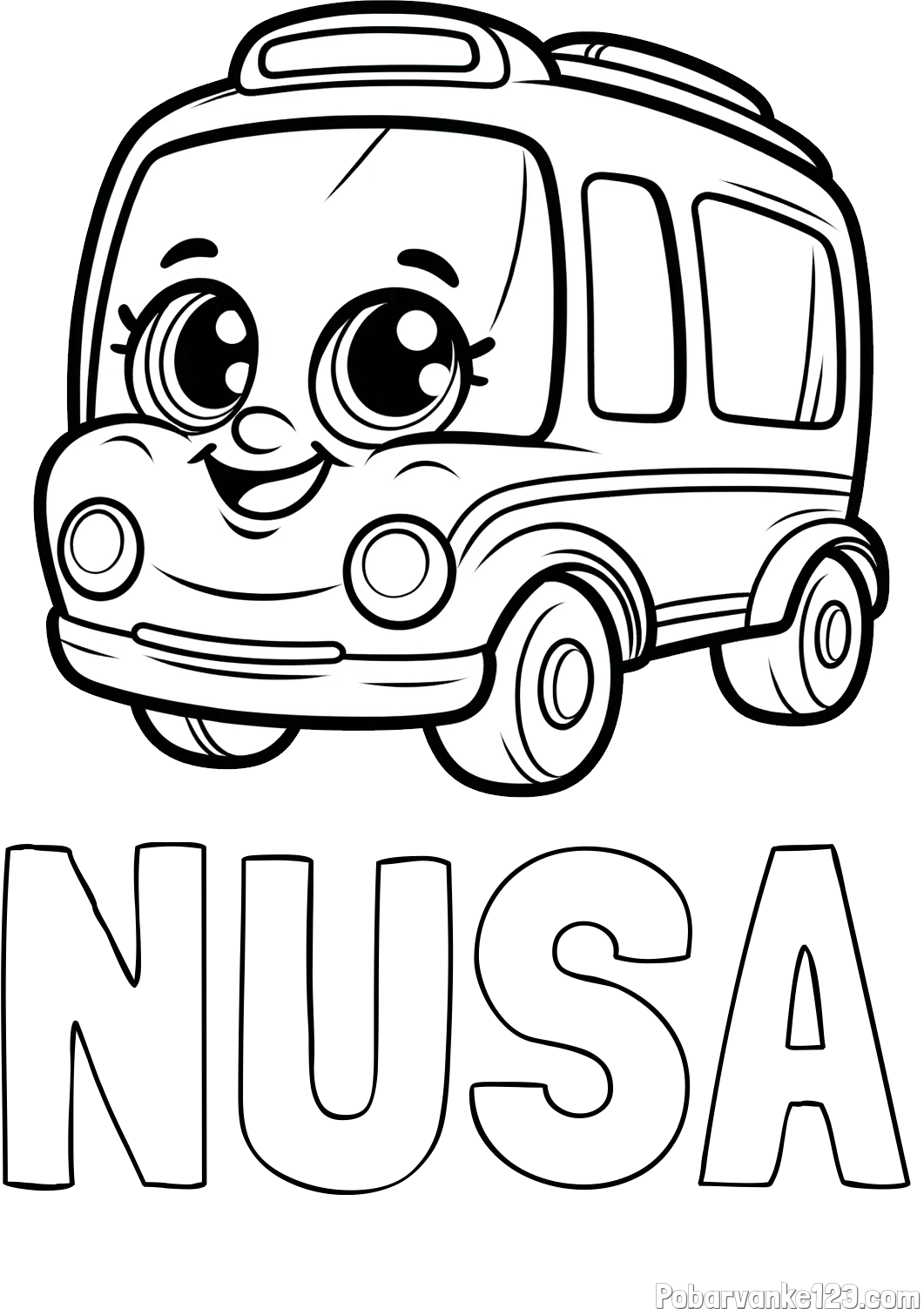 Pobarvanka imena NUŠA in pobarvanka nasmejanega avtobusa