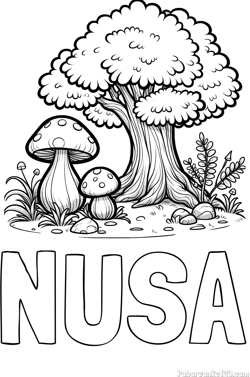 Pobarvanka imena NUŠA in pobarvanka velike gobe ob drevesu