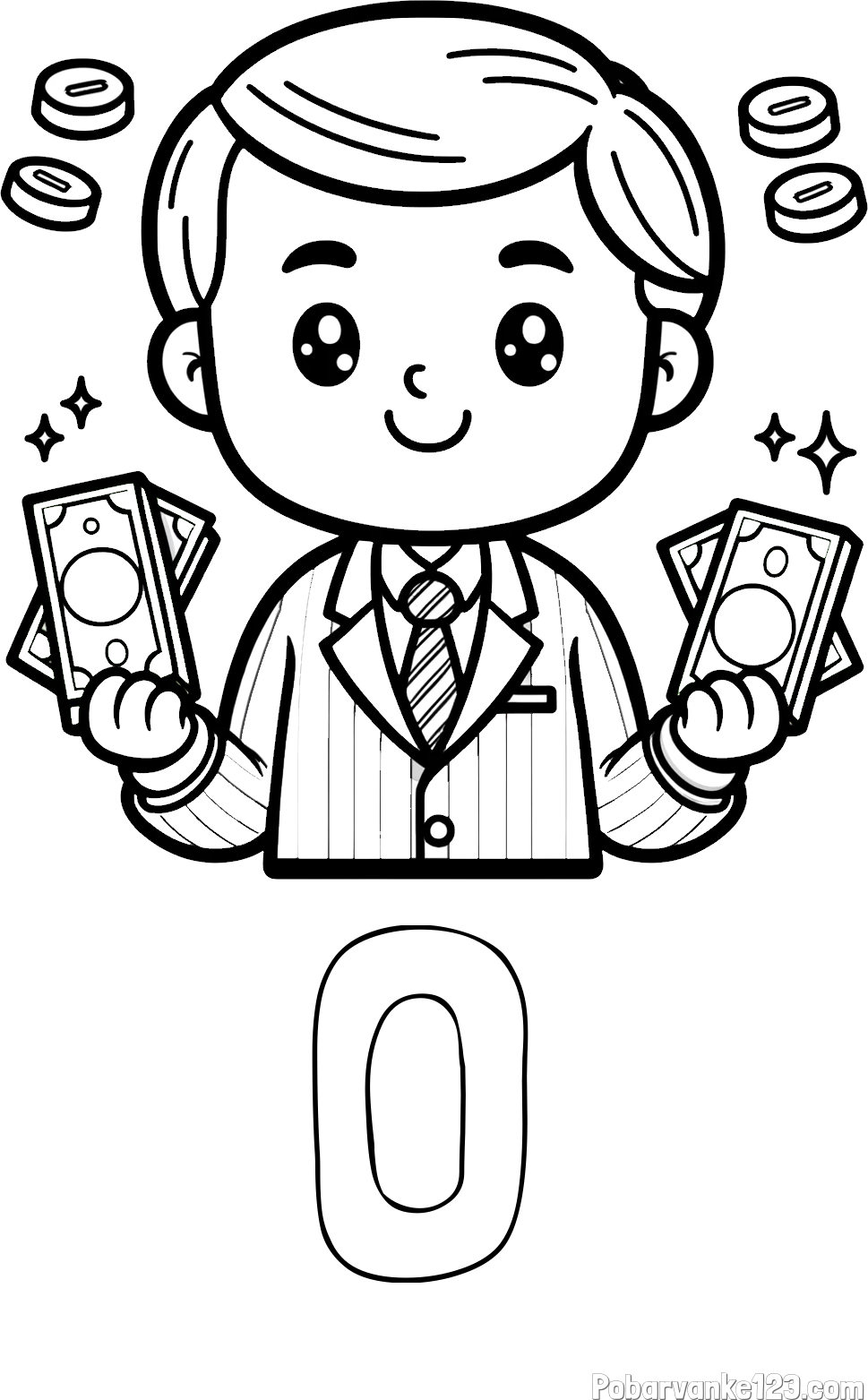 Pobarvanka imena O in otroška pobarvanka bankirja z veliko denarja