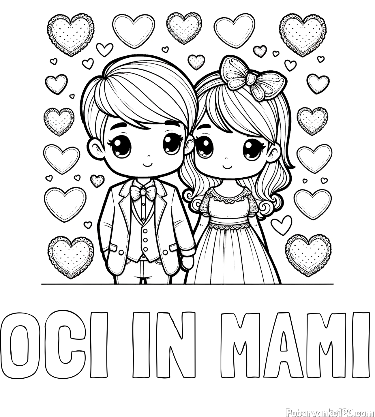 Pobarvanka imena OČI IN MAMI in pobarvanka dveh zaljubljencev s srčki