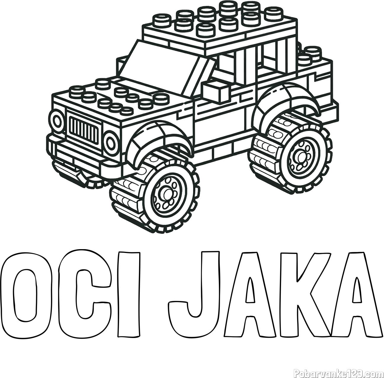 Pobarvanka imena OČI JAKA in pobarvanka džipa sestavljenega iz LEGO kock