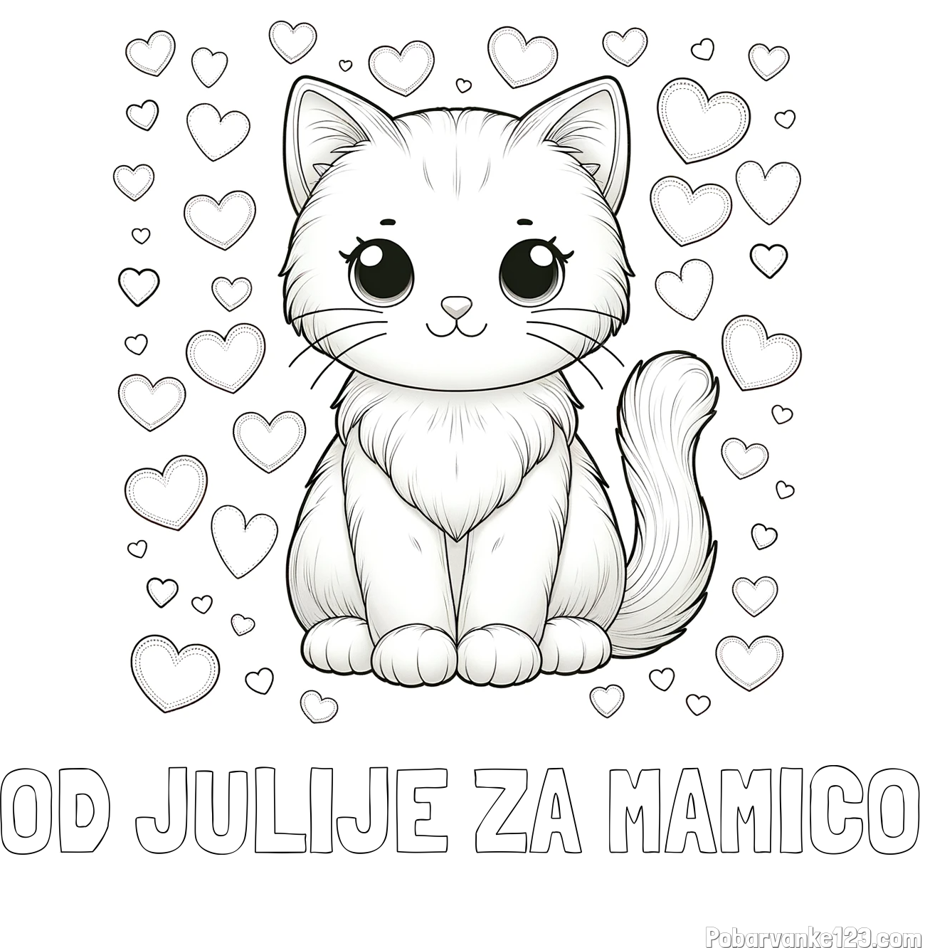 Pobarvanka imena OD JULIJE ZA MAMICO in pobarvanka ljubke mucke obdane s srčki