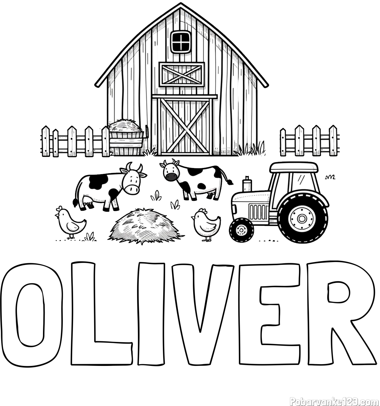 Pobarvanka imena OLIVER in otroška pobarvanka velikega senika, krav in traktorja
