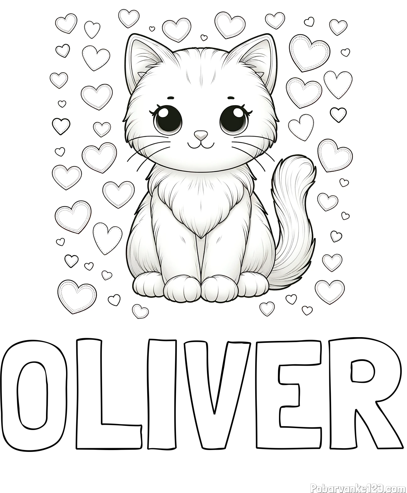 Pobarvanka imena OLIVER in pobarvanka ljubke mucke obdane s srčki