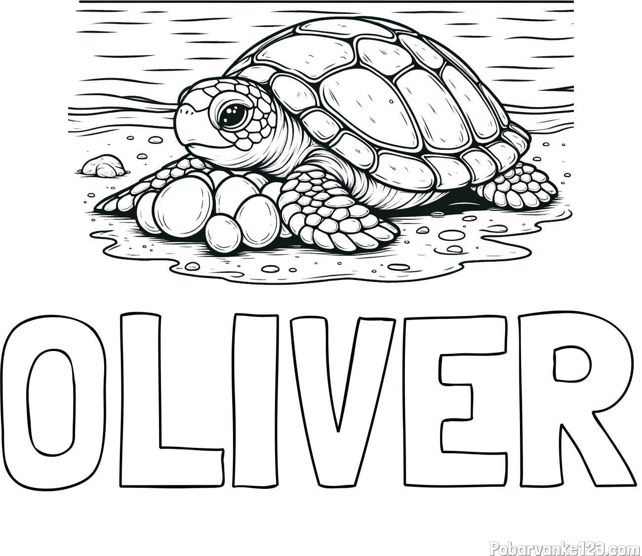 Pobarvanka imena OLIVER in pobarvanka želve, ki leže jajca na obali
