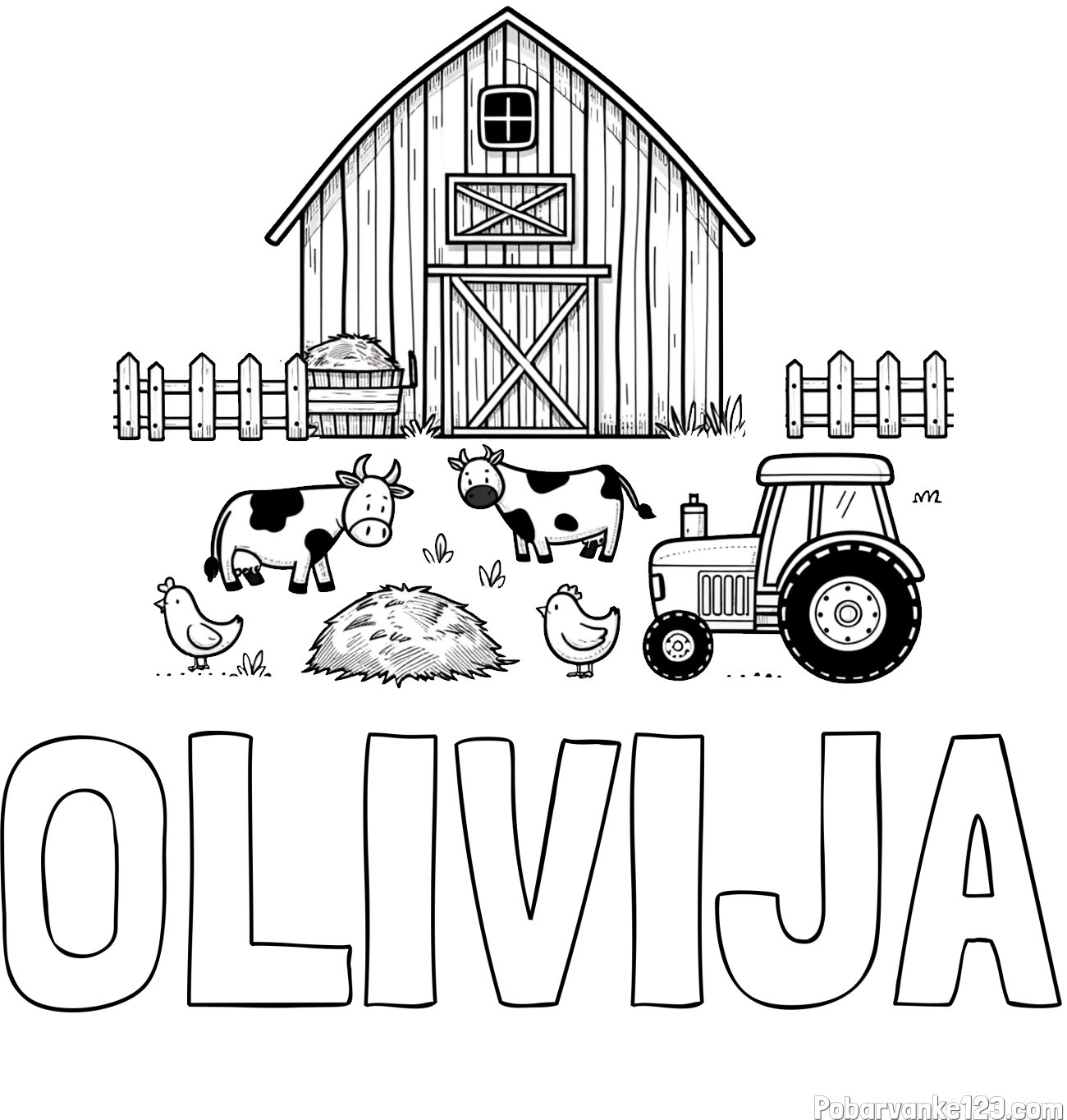 Pobarvanka imena OLIVIJA in otroška pobarvanka velikega senika, krav in traktorja