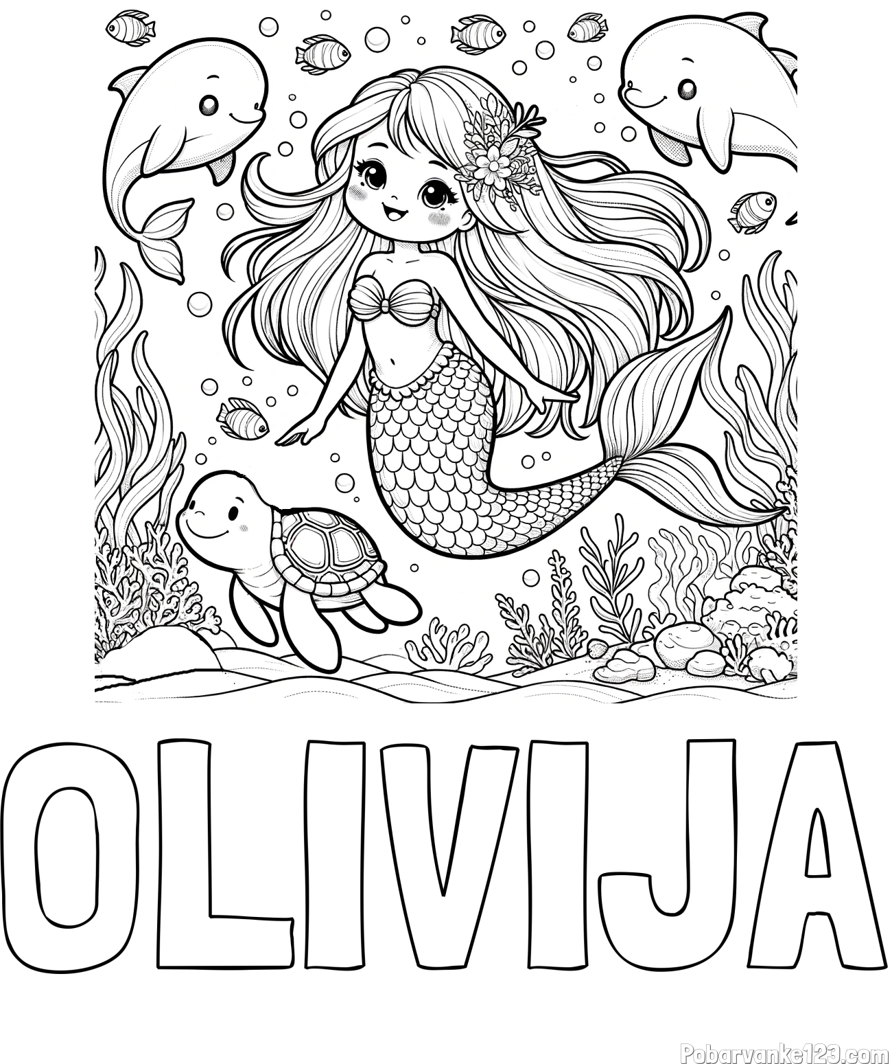 Pobarvanka imena OLIVIJA in pobarvana ljubke morske deklice s prijatelji