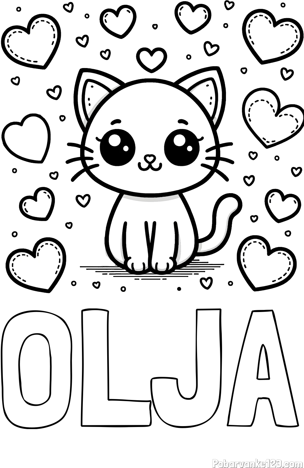 Pobarvanka imena OLJA in pobarvanka ljubke mucke obdane z veliko srčki