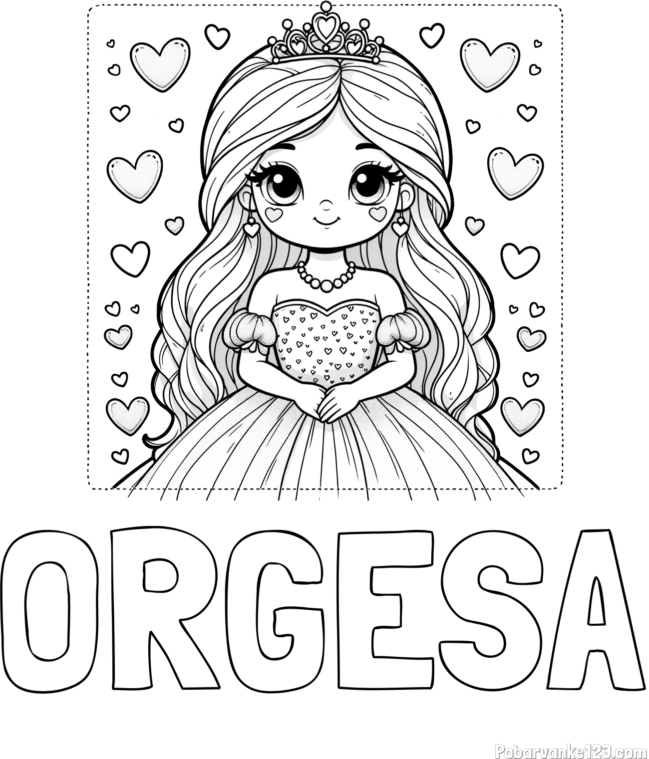 Pobarvanka imena ORGESA in pobarvanka ljubke princese obdane s srčki