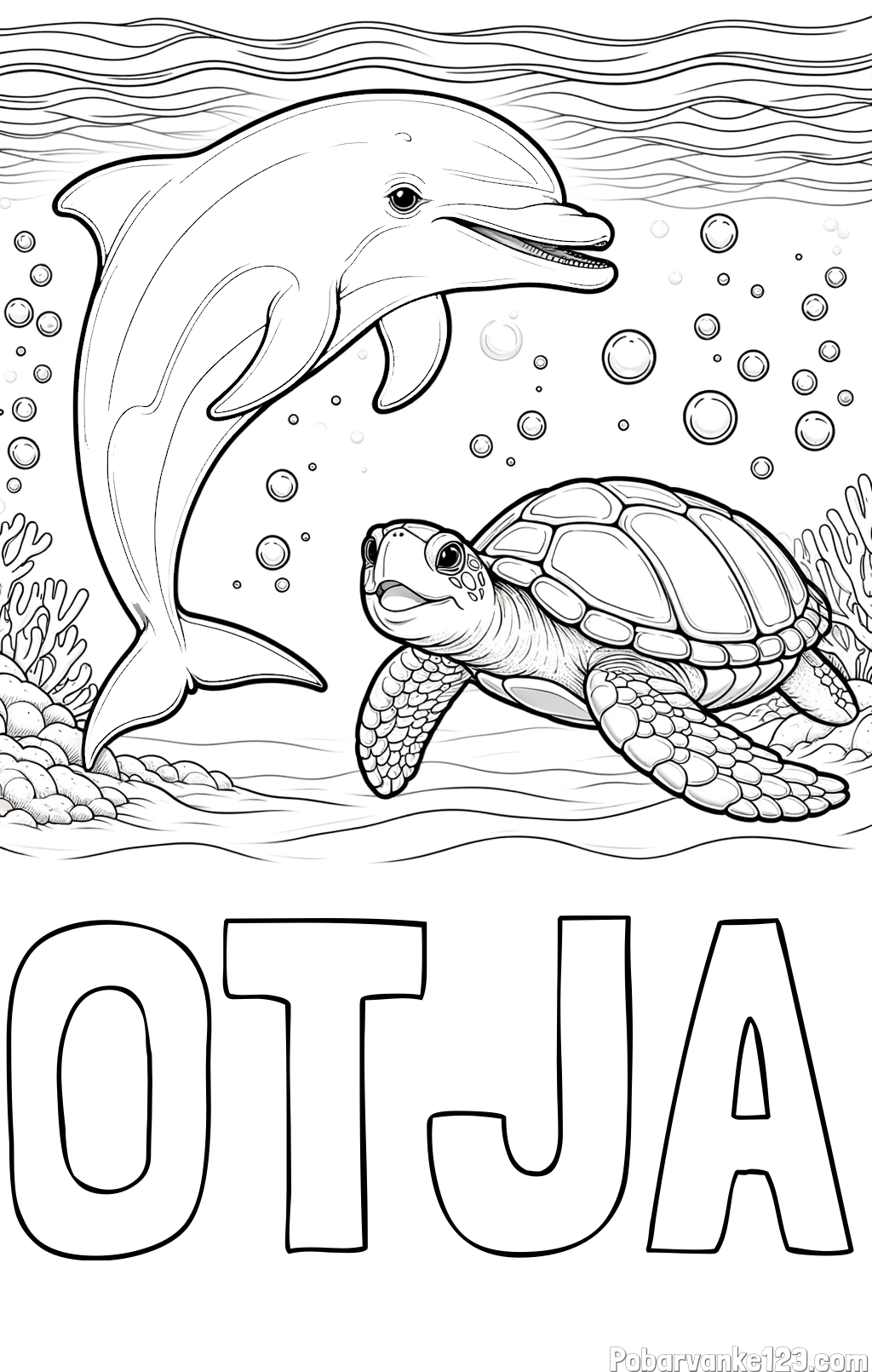 Pobarvanka imena OTJA in pobarvanka ljubkega delfina in njegove prijateljice želve