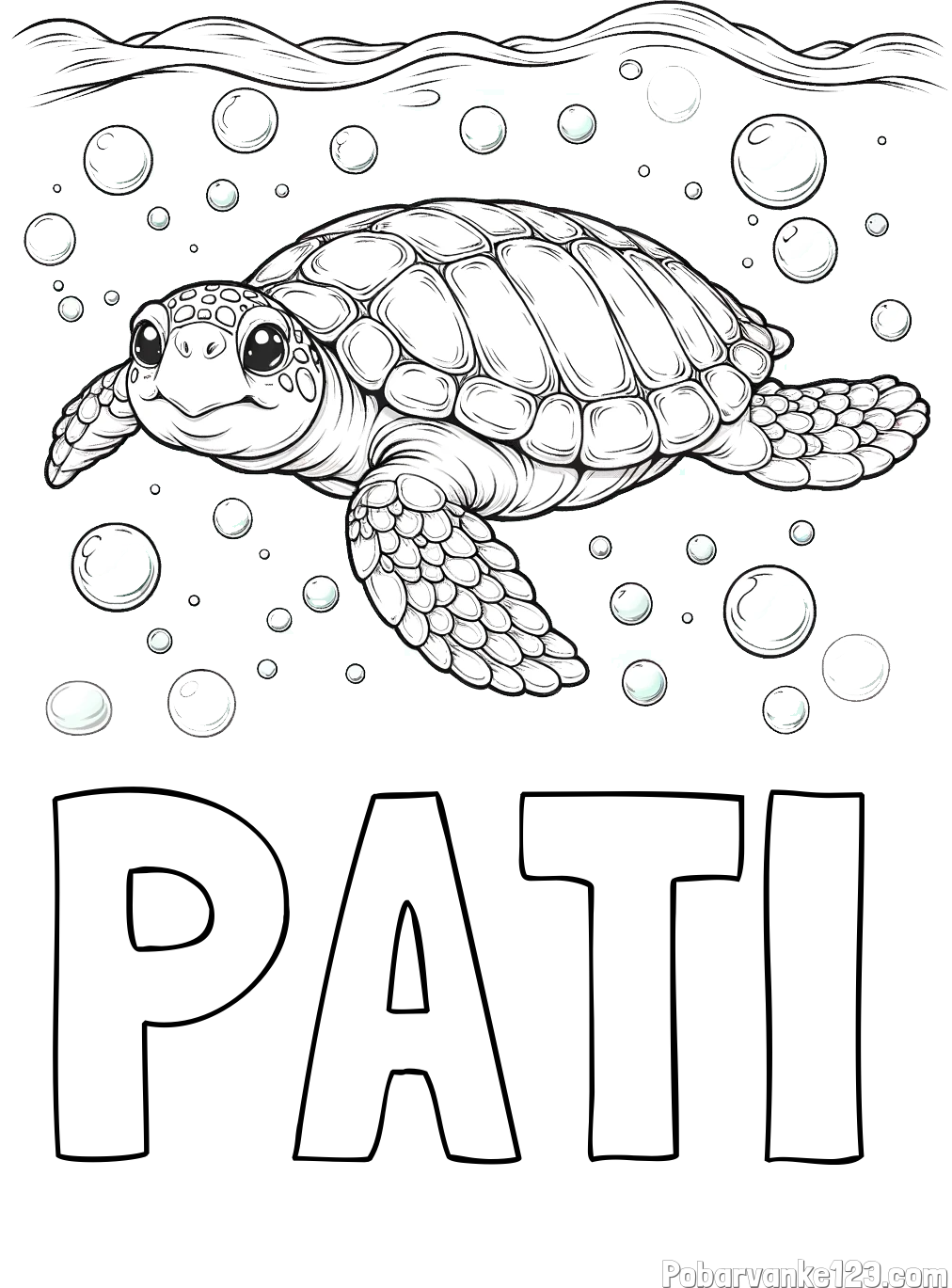 Pobarvanka imena PATI in pobarvanka želve v morju