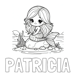 Online izdelana pobarvanka - Pobarvanka imena PATRICIA in pobarvanka prikupne morske deklice, ki sedi na kamnu ob obali