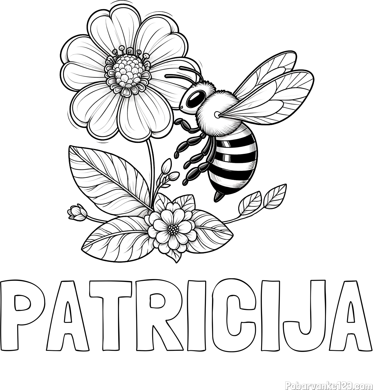 Pobarvanka imena PATRICIJA in otroška pobarvanka čebelice in rožice