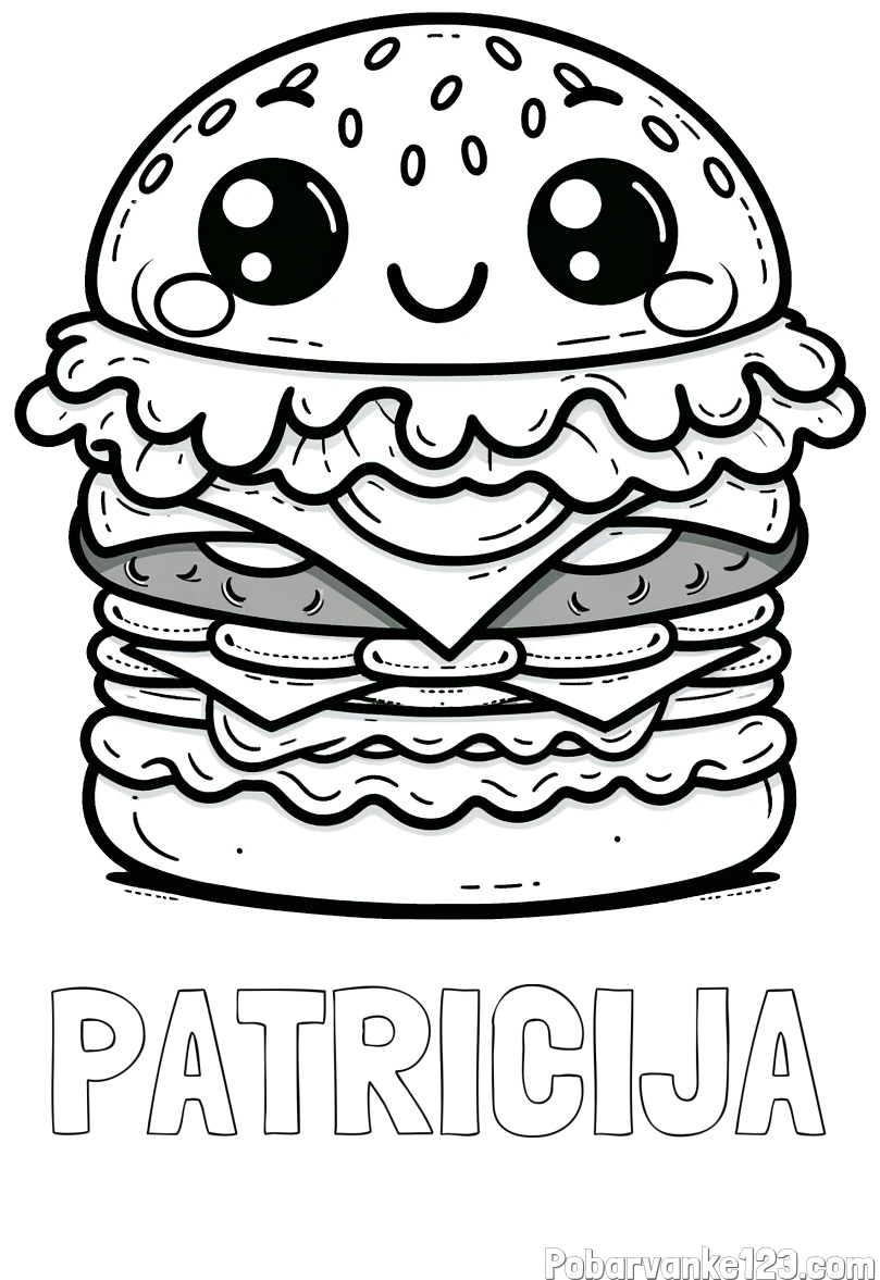 Pobarvanka imena PATRICIJA in otroška pobarvanka nasmejanega hamburgerja
