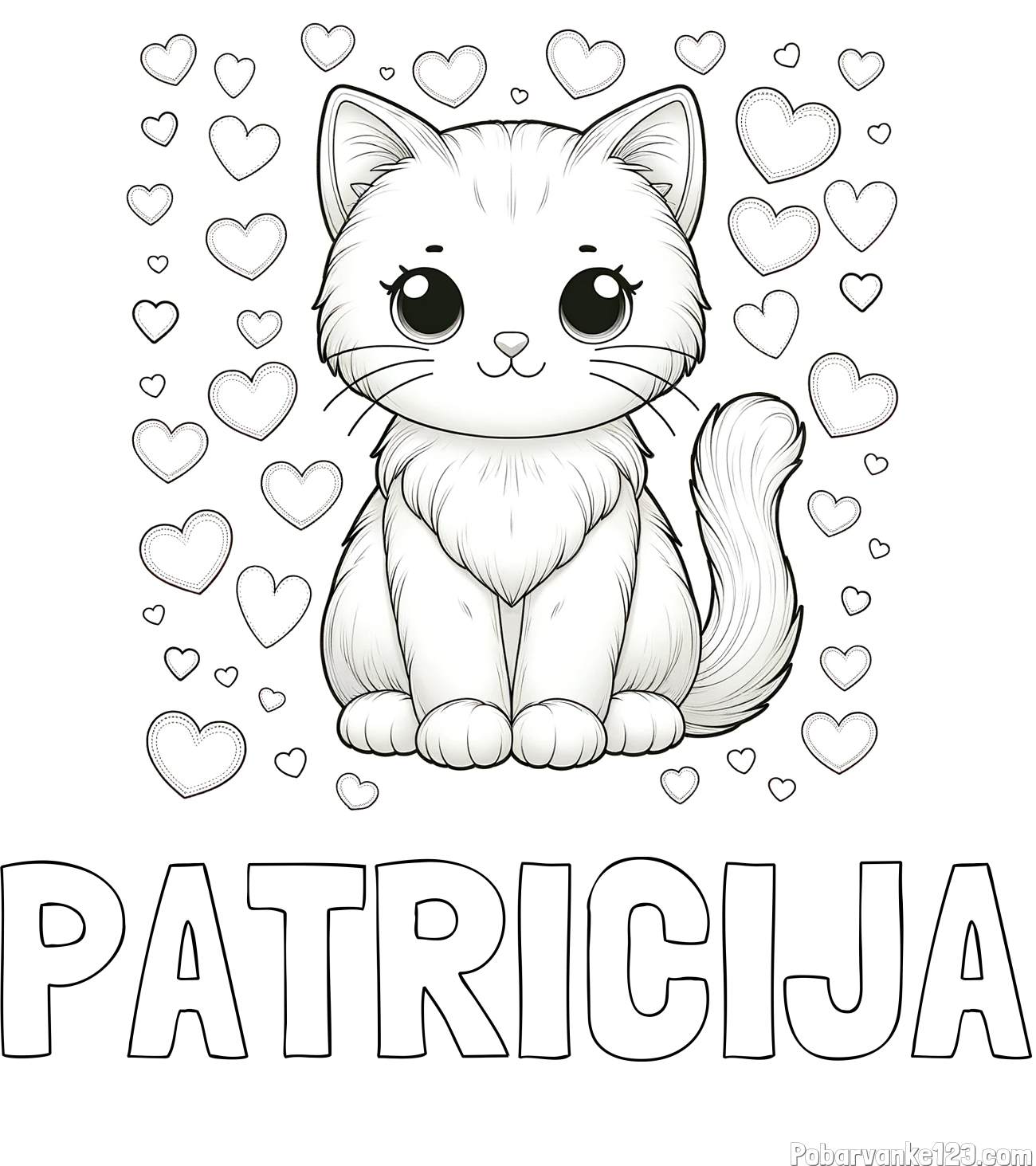 Pobarvanka imena PATRICIJA in pobarvanka ljubke mucke obdane s srčki