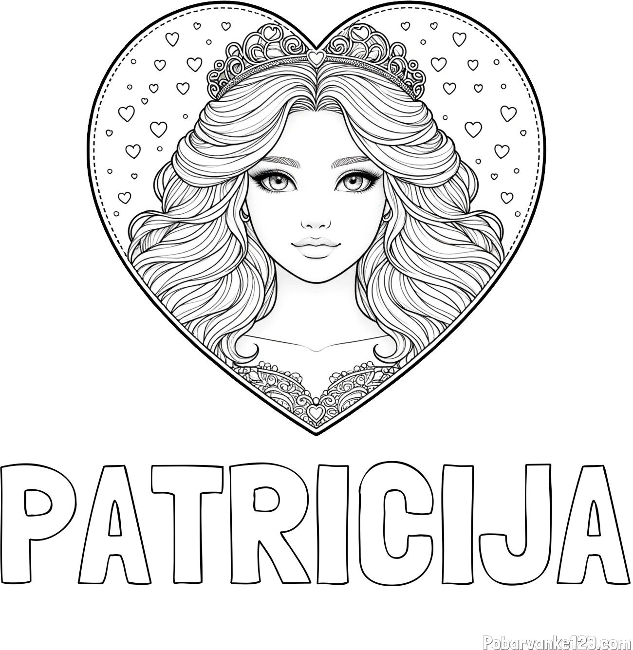 Pobarvanka imena PATRICIJA in pobarvanka ljubke princese v srčku