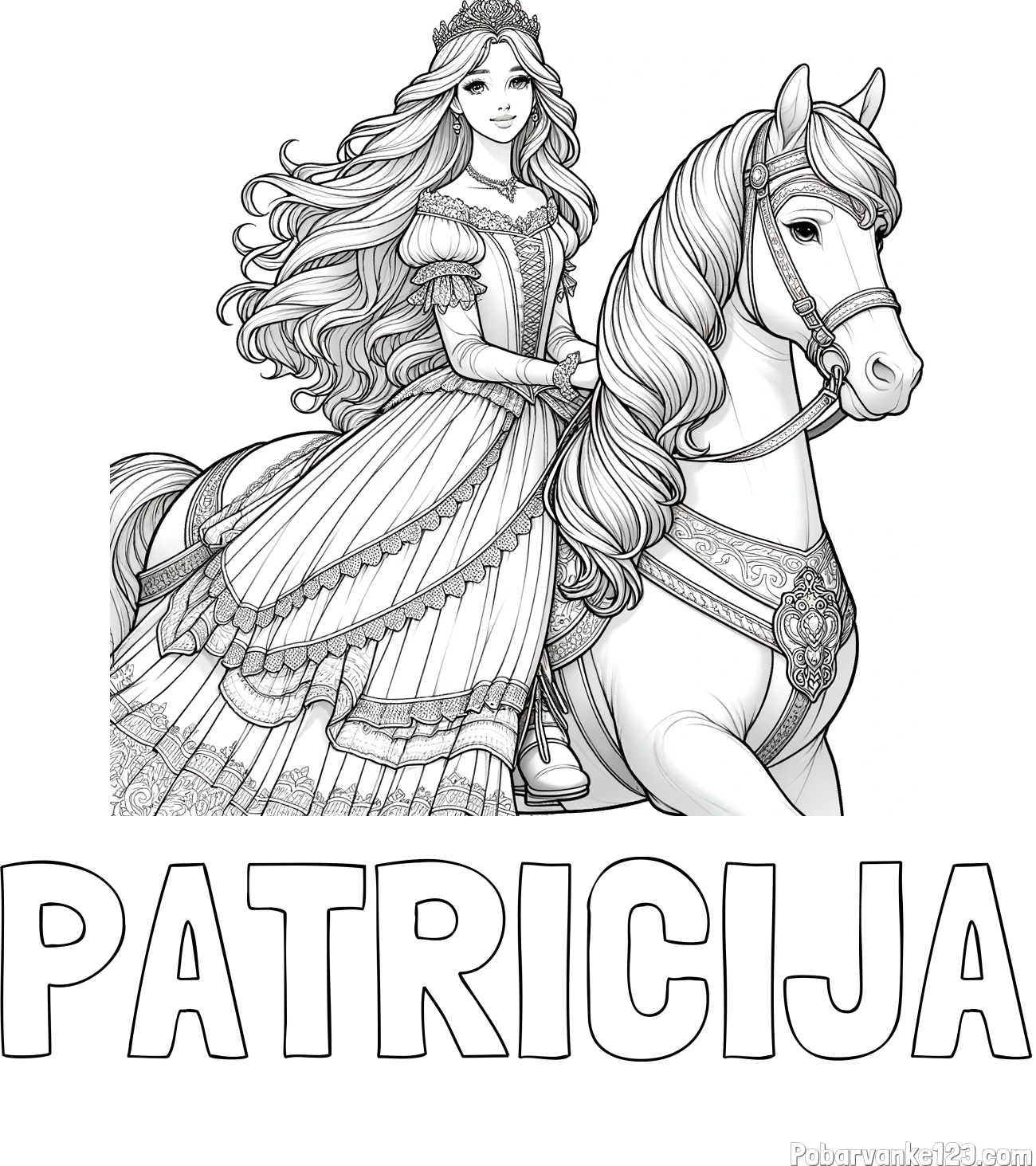 Pobarvanka imena PATRICIJA in pobarvanka nasmejana princese na konju