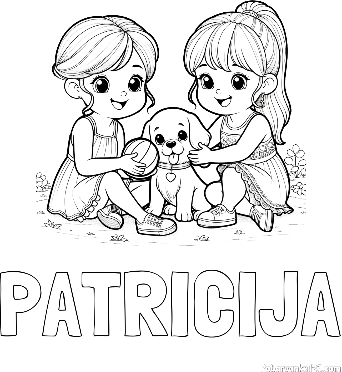 Pobarvanka imena PATRICIJA in pobarvanka prijateljic s kužkom