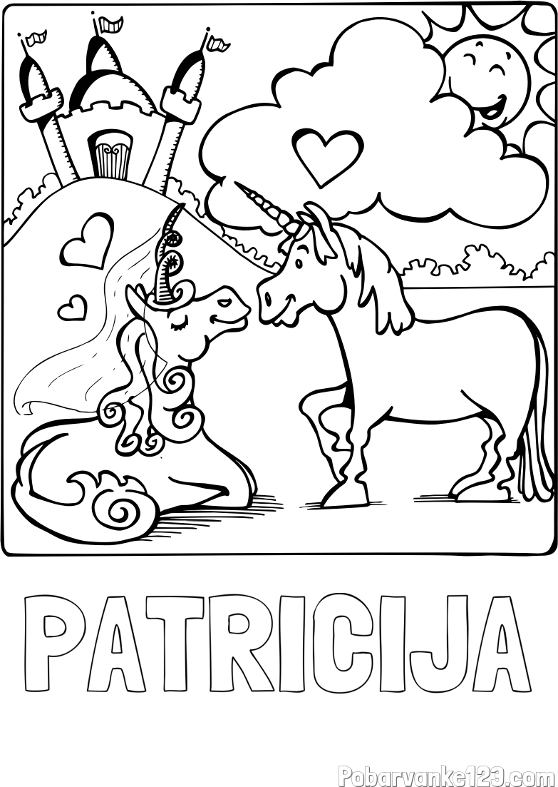 Pobarvanka imena PATRICIJA in pobarvanka zaljubljenih samorogov