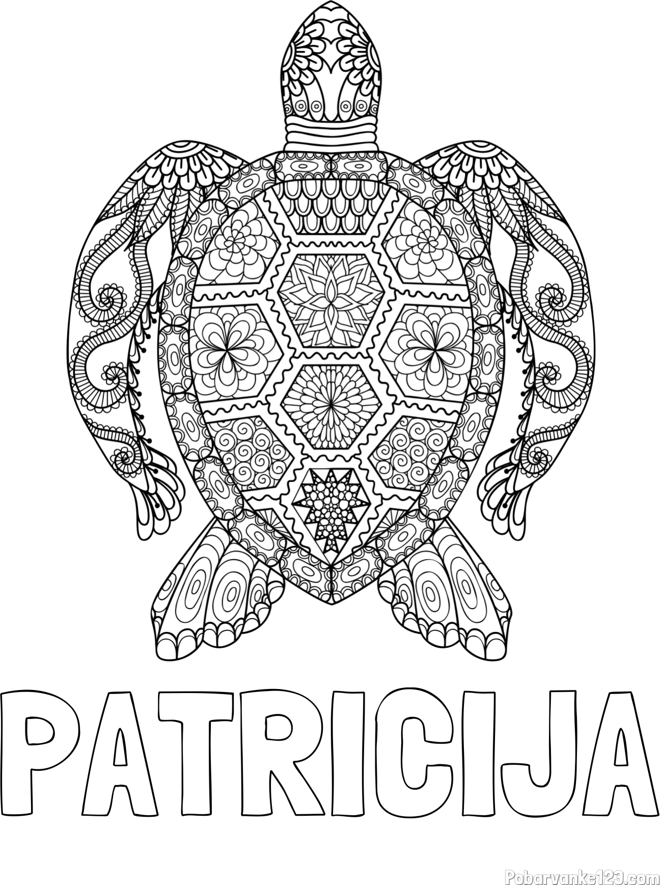 Pobarvanka imena PATRICIJA in pobarvanka želve - mandale
