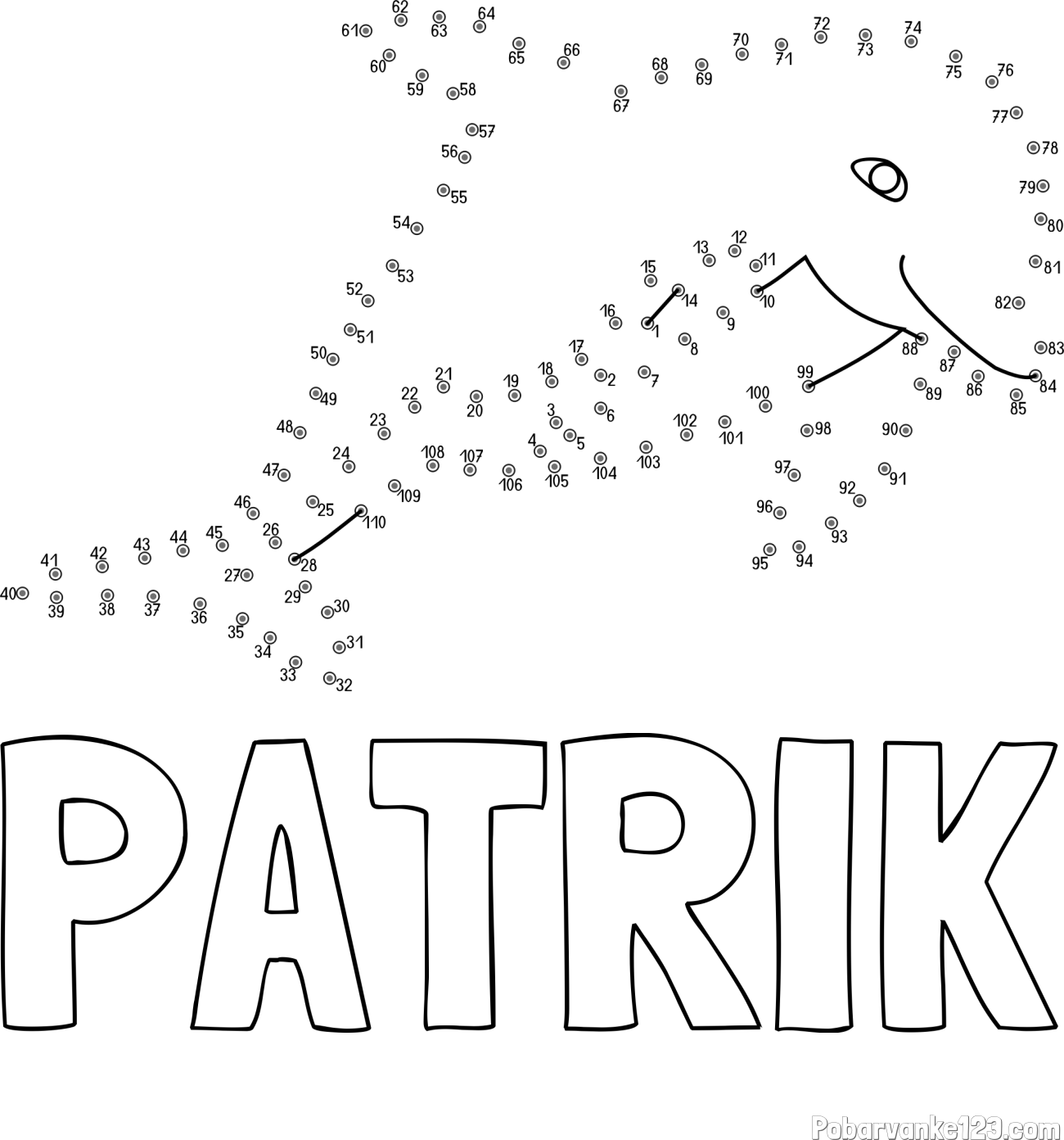 Pobarvanka imena PATRIK in pobarvanka delfina - poveži številke