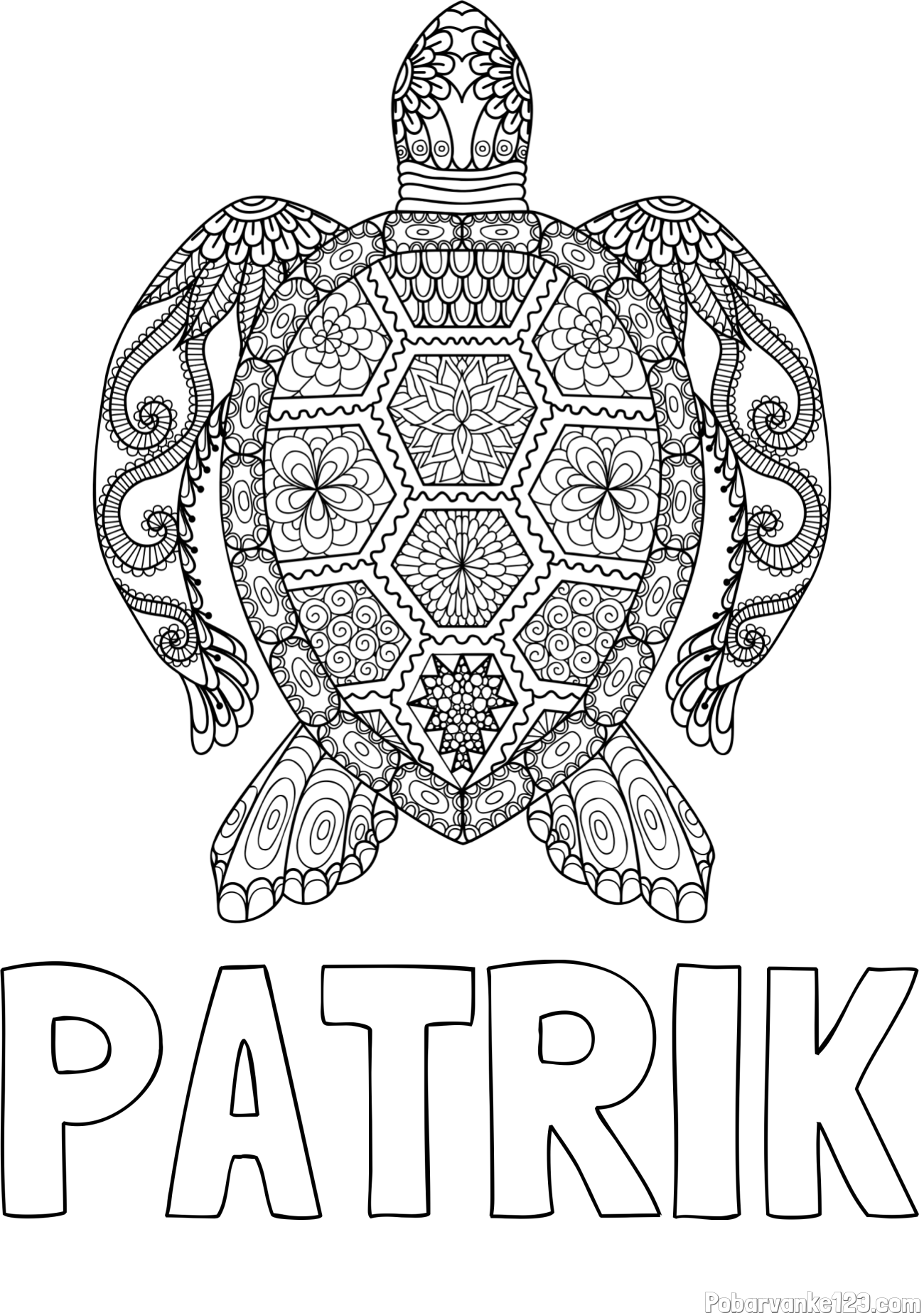 Pobarvanka imena PATRIK in pobarvanka želve - mandale