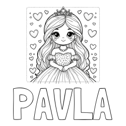 Online izdelana pobarvanka - Pobarvanka imena PAVLA in pobarvanka ljubke princese obdane s srčki
