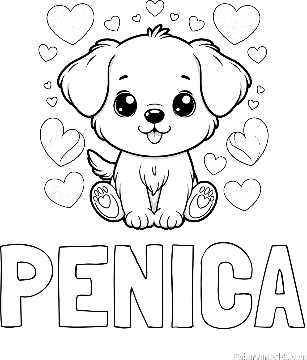 Pobarvanka imena PENICA in pobarvanka ljubkega kužka obdanega s srčki
